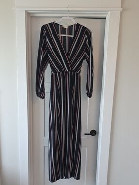 Striped Long Sleeve Wrap Maxi Dress - Black with White & Pink Stripes